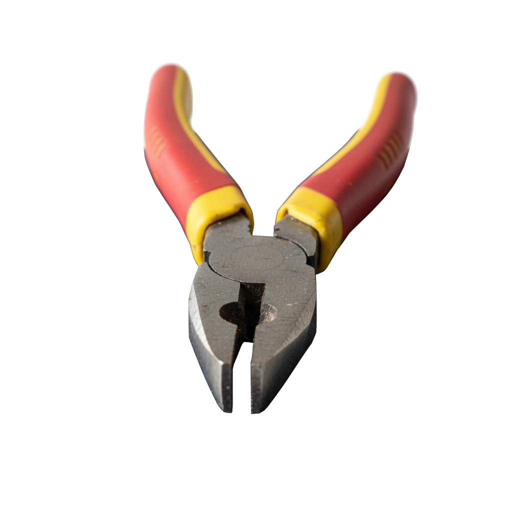 Insulated lineman's pliers resting on a navy electrical breaker panel